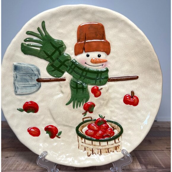 VINTAGE HALLMARK MITFORD MAX SNOWMAN Apples Christmas HOLIDAY CERAMIC PLATE - Picture 1 of 5